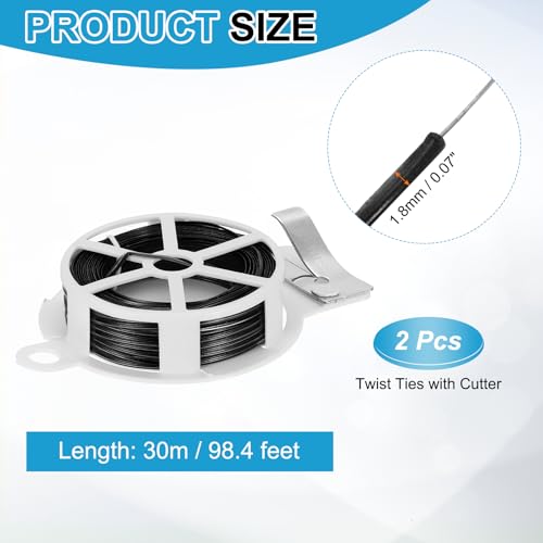 HARFINGTON 2pcs Twist Tie with Cutter 98.4FT (30m) Garden Plant Ties Wire - color: Black, size: 98.4FT