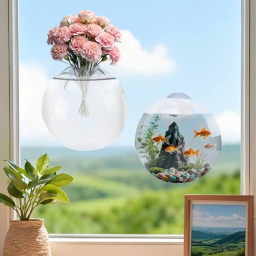 Generic Window Propagation Stations, Oblate Glass Terrariums Planter Suction Cup Vases for Hydroponics Plants, Wall Hanging Vases for Indoor Hydroponics Plants, Home, Living Room Decor