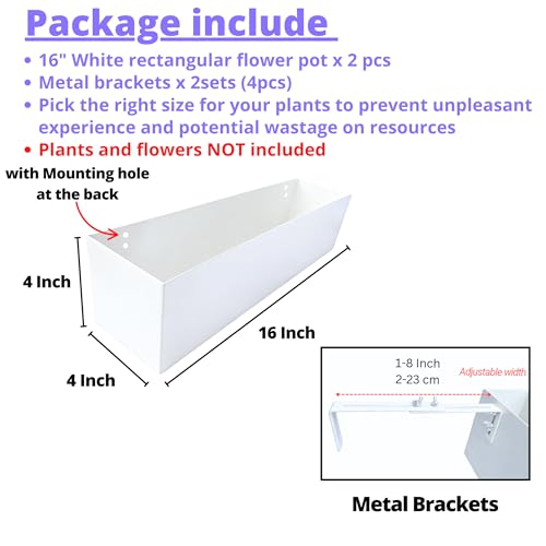 LaLaGreen Planter Boxes Outdoor (16 Inch, 2 Pack) White Metal Rectangular Railing Flower Box with Brackets, Deck Railings Planters for Plants Fence Balcony Patio Porch Modern Garden Decor Over Rail - size: 16" x 2 Pack