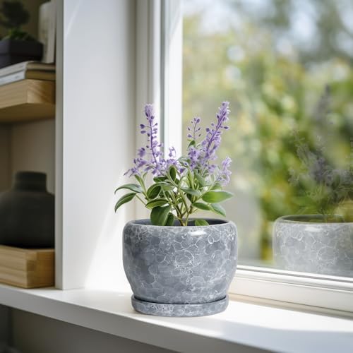SQOWL 6 Inch Plant pots Indoor - Ceramic Planter with Drainage Hole and Saucer, Ceramic Flower Pot Outdoor, Decorative Round Planter, Home Decor Living Room, Gifts for Plant Lovers, Gray - color: Gray Gemstone, size: 6 Inch