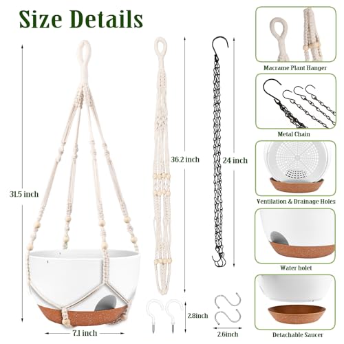 10 Inch Self Watering Hanging Planters with Metal Chain & Macrame Hangers - color: 2 Type Plant Hangers White, size: 12 Inch