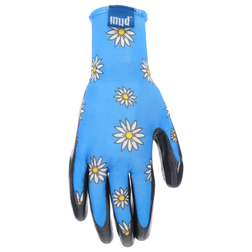 Mud Grip Women's Daisy Printed Polyester Shell and Flat Nitrile Coated Palm Gardening Gloves, - color: Blue, size: Medium/Large (Pack of 1)