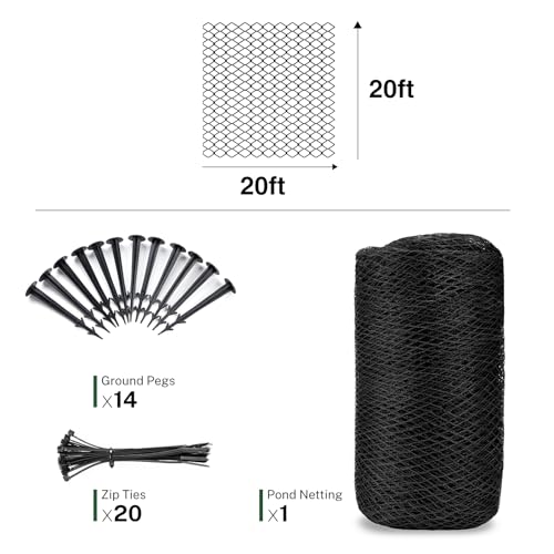 20 x 20Ft Pond Netting for Koi Ponds, Koi Pond Net Cover, Durable & Sturdy Pond Netting Cover for Leaves, Protect Koi Fish Against Herons, Raccoons, Cats & Predators, 14pcs Stakes Included - size: 20 × 20 ft