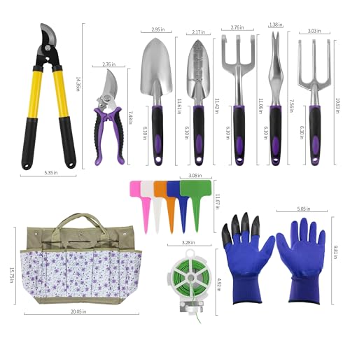 41-Piece Premium Gardening Tool Set, Stainless Steel Heavy Duty Gardening Tool Kit, with Non-Slip Rubber Grip, Storage Tote Bag, Outdoor Hand Tools, Ideal Gardening Gifts for All (Purple Floral)