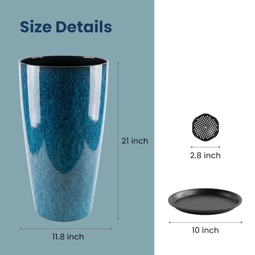 21 inch Tall Planter, Indoor Outdoor Planter Set of 2 Tall Outdoor Planters for Porch Large Planter Pot with Drainage Hole for Home Garden Front Door (Deep Blue) - color: Deep Blue