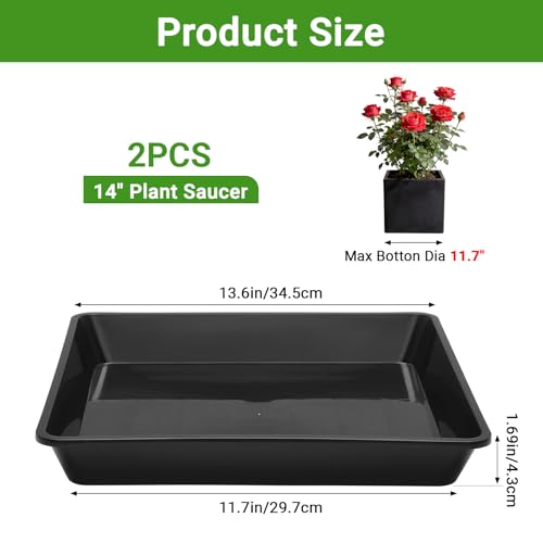 GREANER 14 Inch Square Plant Saucer-Fits 11-12 Inch Pot Bottom, Large Plastic Drip Trays for Indoors & Outdoor Plants, Durable Thick Saucer for Flower Pot(Black, 2 PCS) - color: Black, size: 14 Inch