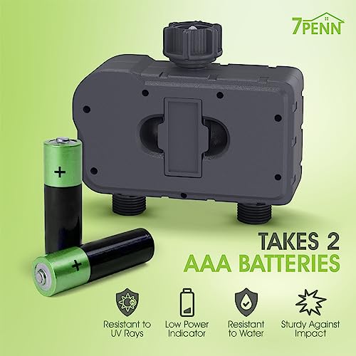 7Penn 2 Zone Water Timer - Programmable Outdoor Irrigation System - Black