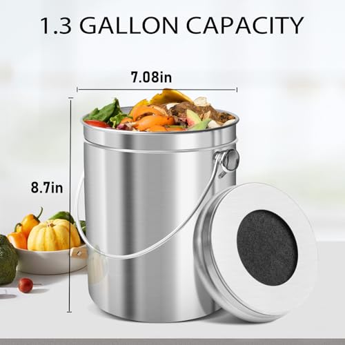 ENLOY Compost Bucket for Kitchen Countertop, 1.3 Gallon, Stainless Steel - color: Brilliant Steel