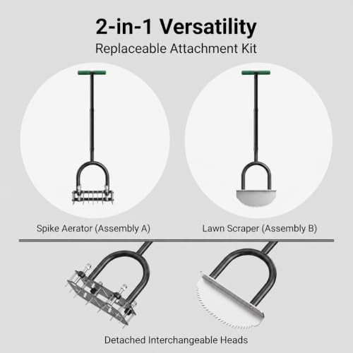 Lawn Aerator Tool with 2‑Piece Replaceable Attachments & Lawn Scraper - color: Silver