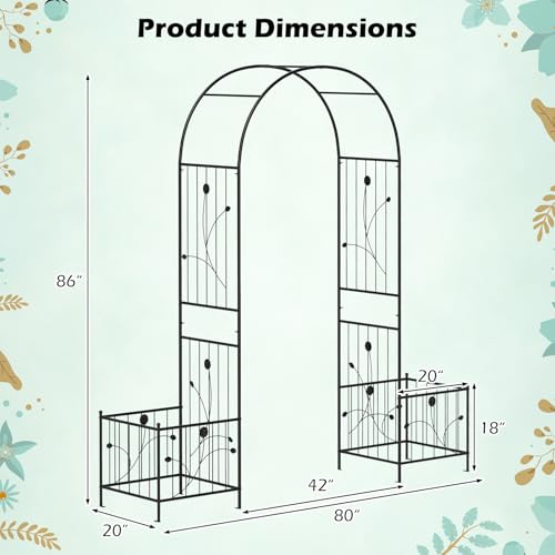 Giantex 86'' Metal Garden Arbor Arch Trellis with Planters, 8 Ground Stakes
