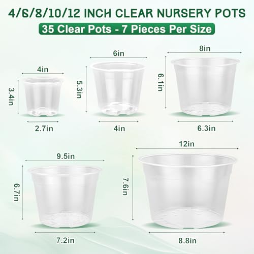 OUPSAUI 35 Pack 4/6/8/10/12 Inch Clear Nursery Pots with Drainage Hole, Clear Large Plastic Pots for Plants, Transparent Variety Seedling Planter for Vegetable Flowers Fruits - size: 35PCS-4+6+8+10+12
