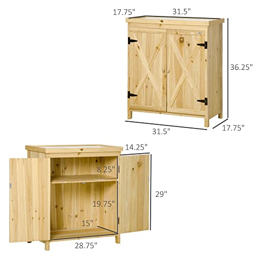 Garden Storage Cabinet, Outdoor Tool Shed with Galvanized Top and Two Shelves for Yard Tools or Pool Accessories, Natural - color: Natural Wood, size: 31.5" W x 17.75" D x 36.25" H