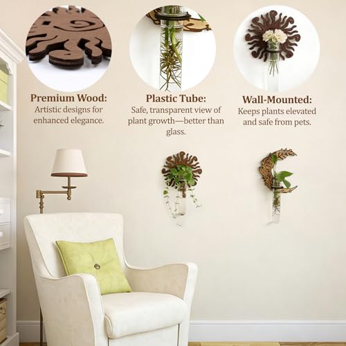 WANDIC 2Pcs Wall Propagation Planters, Sun&Moon Wooden Hanging Propagation Station for Indoor Plants Leaf Shape Plant with 2 Plastic Pipe
