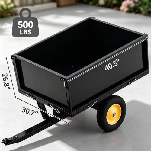 500 LBS Capacity Heavy-Duty Steel Dump Cart,17 Cu.Ft Tow-Behind Utility Trailer with Removable Tailgate for ATV, UTV, Lawn Tractor & Riding Mower, Garden & Landscaping Hauling Cart for Lawn, Yard