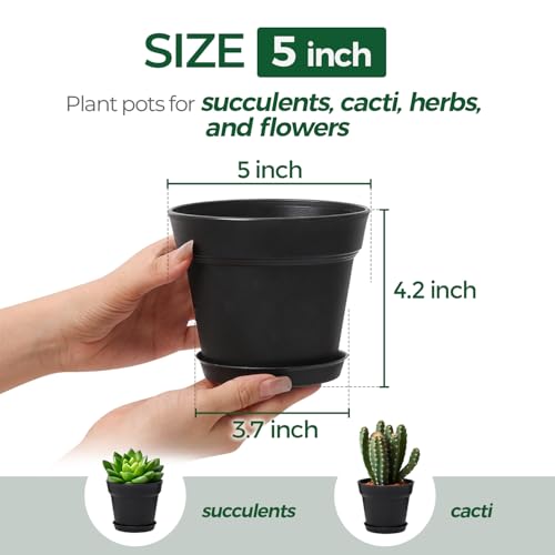 T4U Small Plant Pots 5 Inch 18 Pack, Plastic Flower Pots with Saucer Black - color: Black, size: 5 In