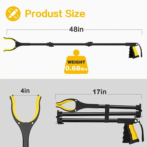 48 Inch Extra Long Grabber Reacher Tool,Foldable Pick Up Stick with Strong Grip Magnetic,360°Rotating Anti-Slip Jaw 4" Wide Claw Opening,Hand Grabber for Reaching - color: Yellowblack, size: 48 Inch