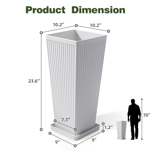 Square Tall Planters for Outdoor Plants with Tray - 24" White 2Pack - color: White-f