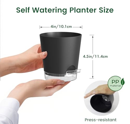 Meowell 4 inch Self Watering Pots for Indoor Plants, 5 Pack Small Flower Plant Pots with Drainage Holes and Clear Reservoirs, Visible Water Level, Plastic Planters with Wicking Rope, Black - color: Black, size: 4in 5pcs