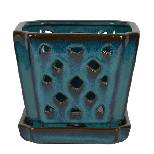 Orchid Pot with Holes and Saucer for Repotting and Better Grow, Teal, 7" - color: Teal