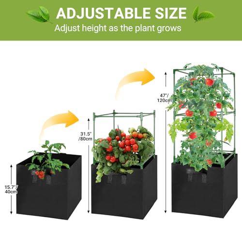 3 Pack Tomato Cages with 17 Gallon Grow Bags, 47” Heavy Duty Square Tomato Plant Stakes Support Cages Trellis for Garden Climbing Vegetables Flowers Fruits (47IN Tall, Extra-Bold)