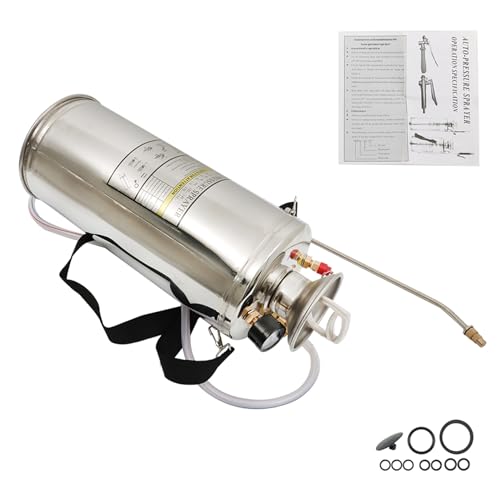 2 Gallon Stainless Steel Sprayer 20" Wand and 3FT Reinforced Hose Hand Pump Sprayer with Pressure Gauge Safety Valve with Adjustable Nozzle Weed Sprayers for Lawn Gardening
