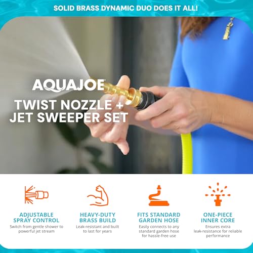 Aqua Joe Solid Brass Hose Nozzle Set - High Pressure Jet Sweeper + Twist Spray Nozzle, 2-in-1 Garden Hose Attachments, Compatible with Standard 3/4 in Hoses