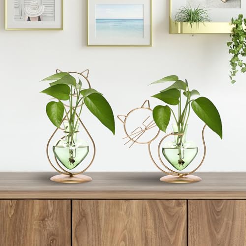 Plant Terrarium Propagation Station Gifts for Women Cat Lover - color: Gold Green