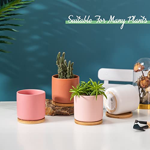 4 Inch Ceramic Plant Pots with Drainage Holes & Tray, Set of 4 - color: Multi-colors