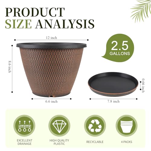 12 inch Pots for Plants, 4 Pack Large Outdoor Planter Pots with Saucers - color: Knit Pattern-black Copper, size: 12 Inch - 4Pack