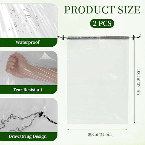 2 Pcs Winter Plant Covers Freeze Protection with Drawstring, 31.5"x39.4" Clear Plastic Film Shelter Bags, Waterproof Plant Frost Protection Covers for Outdoor Garden Shrubs Crops - size: 31.5"x39.4"