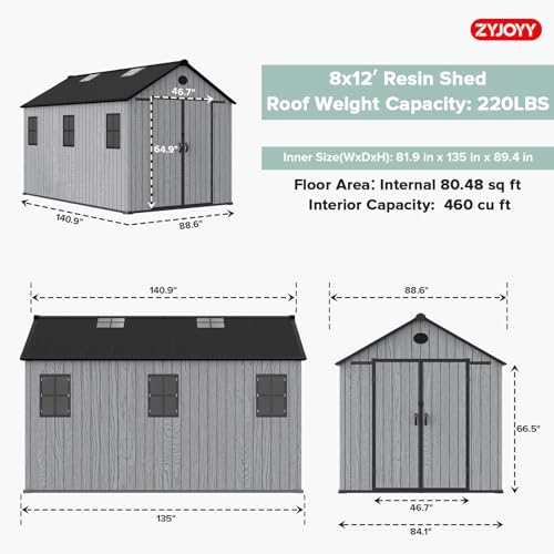 ZYJOYY Outdoor Storage Shed 8x12 FT with Floor, 16mm Resin Tool Shed, Grey - color: Grey & Black