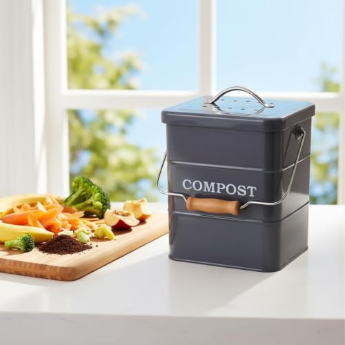 Compost Bin Kitchen Countertop Indoor Compost Pail Bucket, Great for Food Scraps, Carbon Steel, Handles, Gray, 1 Gallon - Includes Charcoal Filter - color: Gray