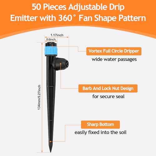50pcs Drip Emitters Fan Shape with Stake for 1/4" Irrigation Tubing, Adjustable 360 Degree Water Flow Irrigation Vortex Sprayer On 5" Stake Garden Irrigation Dripper for Watering System - color: Blue Vortex Emitter