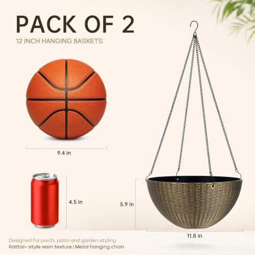 ZMTECH 2 Pack 12 Inch Rattan-Look Hanging Planter Baskets for Indoor Outdoor Plants, Hanging Flower Pots with Drainage Plug & Metal Chain,Hanging Basket for Porch Patio Garden Decor Bronze - color: Bronze