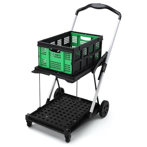 Jojoka Heavy Duty 2-Tier Collapsible Garden Cart – Lightweight Aluminum Frame – 360° Swivel Wheels – Removable Crate for Market, Home, Supermarket – 198 lbs Capacity, Green - color: Green