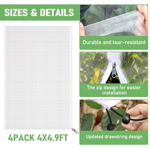 Fruit Tree Netting, Plant Mesh Netting for Garden Protection, Blueberry Bush Insect Netting Cover as Garden Pest Barrier from Cicadas, Bug, Bird (4.9x4 FT, 4Pcs, Zipper & Drawstring Design) - size: 4X4.9FT 4PACK