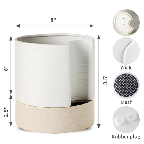 Nihow Ceramic Self Watering Plant Pot for Indoor Plants, 8 Inch,White - color: White & Brown, size: 8" Self Watering