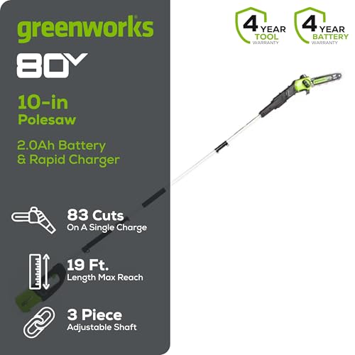 Greenworks 80V 10" Cordless Polesaw (Great For Pruning and Trimming Branches / 75+ Compatible Tools), 2.0Ah Battery and Charger Included - size: 80V 10" Brushless Gen 1 (2.0Ah)