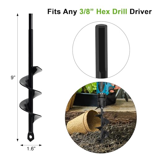 Auger Drill Bit for Planting 1.6 x 9 Inch, Garden Spiral Hole Drill, Bulb Auger, Easy Planter Rapid Planter Bulb & Bedding Plant Auger for 3/8" Hex Drive - size: 1.6" x 9"-Black