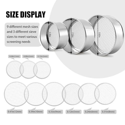 Shimeyao 3 Pcs Soil Sifter Set, 9 Pcs Meshes, Stainless Steel Sand Sieve