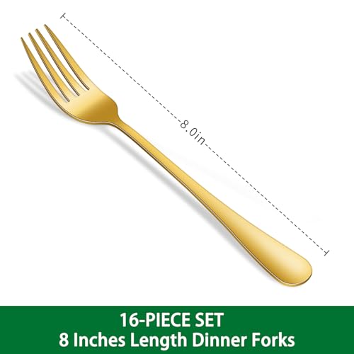 16-Piece Gold 8 Inches Stainless Steel Dinner Forks Set,Golden Silverware Fork,Durable Mirror Polishing Table Forks For Restaurant And Hotel - color: Gold