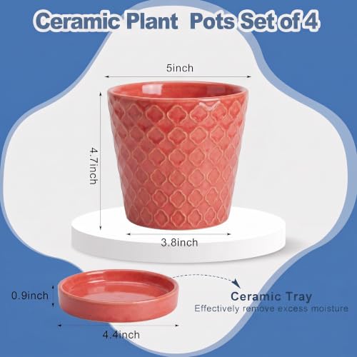 EFISPSS Ceramic Plant Pots, 5 Inch Planters with Drainage Holes and Ceramic Tray, Relief Design Flower Planter, Desktop Office Windowsill Decoration Gift Set of 4 - Magenta - color: Magenta