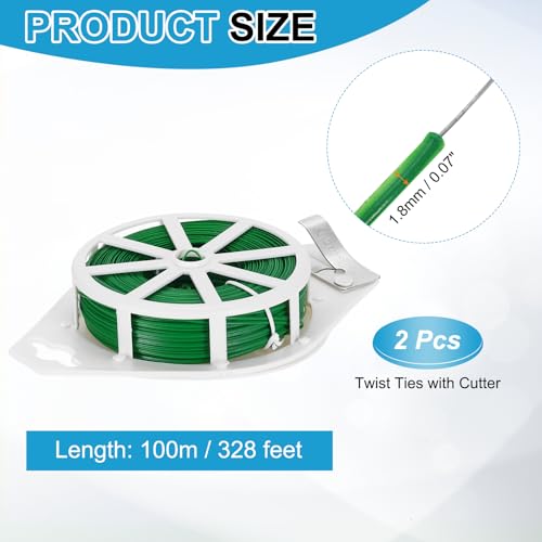 HARFINGTON 2pcs Twist Tie with Cutter 328FT (100m) Garden Plant Ties Wire - color: Green, size: 328FT