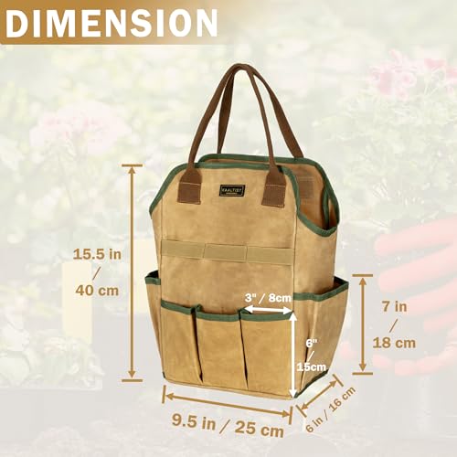 Canvas Tool Bag, 16OZ Waxed Canvas Garden Tool Tote - with 3 Inner Slots & 8 Outer Pockets & Portable Handle, Gardening Tool Storage Bag for Gardener Florist Workshop - Khaki - color: Khaki