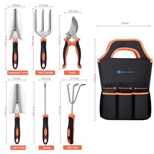 Yesker Gardening Tools 7-Piece Heavy Duty Garden Tool Set Gardening Supplies Gifts for Women Men Gardening Hand Tool Kit with Non-Slip Ergonomic Handle, Garden Bag, Pruning Shears, Black Orange - size: 7PCS Black Orange