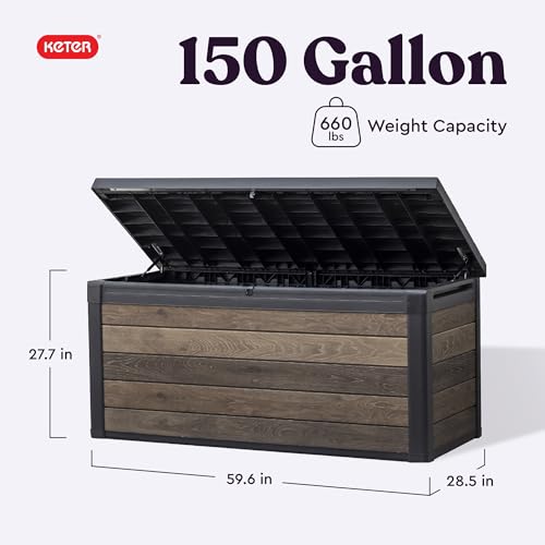 Keter Signature Collection 150 Gallon Resin Deck Box Organization and Storage Box for Patio Outdoor Cushions, Throw Pillows, Garden Tools and Pool Supplies, Walnut - color: Walnut, size: 150 Gallon