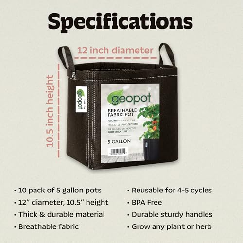 GeoPot 5 Gallon Fabric Grow Bags with Handles - 10-Pack - Breathable, Aerated, Portable - Black - Ideal for Vegetables, Herbs, Flowers & Houseplants - Indoors & Outdoors - size: 5 Gallon (10-Pack), style: With Handles