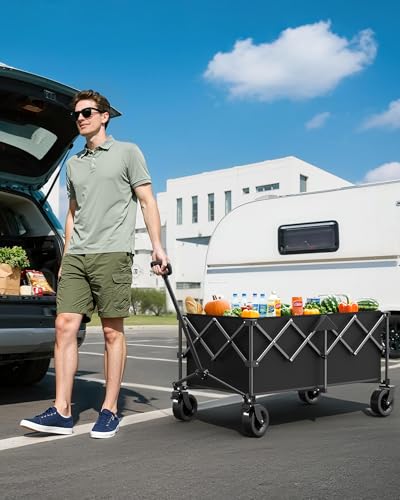 Kitsure Collapsible Wagon with Wheels, 45.5" L 37.7" H, Heavy Duty, Black