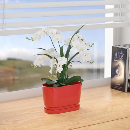 8.9" Rectangular Ceramic Planter with Drainage and Saucer, Red - color: Red, size: Medium