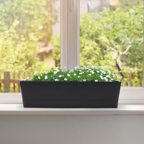 GREANER 16x3.8 Inch Herb Window Boxes 1PCS, Black Planter with Removable Trays and Drainage Holes, Succulent Flower Rectangular Plastic Pot for Balcony, Office, Windowsill, Garden, Indoor Outdoor Use - size: 1Pack/16x3.8in-black